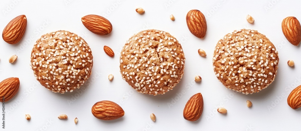 Poster Homemade sesame cookies with nuts arranged on white background featuring three round cookies topped with sesame seeds and almonds.