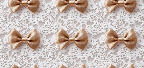 Decorative golden bows on lace fabric indoor setting textile design aesthetic arrangement close-up view fashion concept