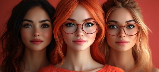 Obraz premium Three Individuals Display Unique Hairstyles Against a Warm Reddish Background