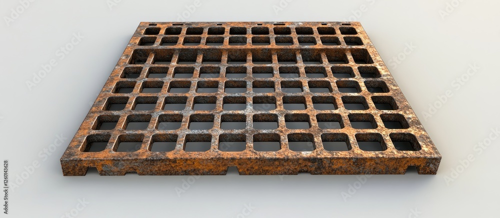 Poster rusty metal grating with a square pattern on a light grey background showcasing the texture and wear