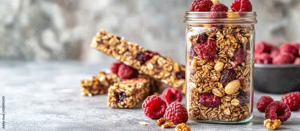 Poster homemade granola with fresh raspberries and nuts in jar beside granola bars on grey stone background