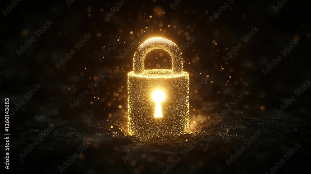 Poster digital security concept glowing lock encased in layers virtual environment graphic design abstract 