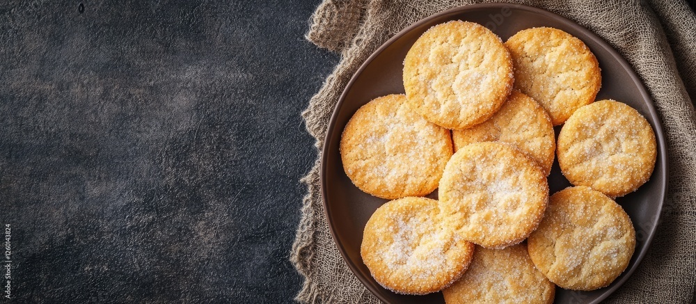 Poster crispy round healthy snack biscuits placed neatly on a dark plate with a sprinkle of sugar on top, a