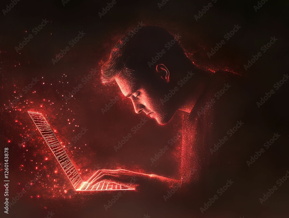 Poster hacker typing ransomware code dark room digital glowing reflections close-up cybersecurity threat
