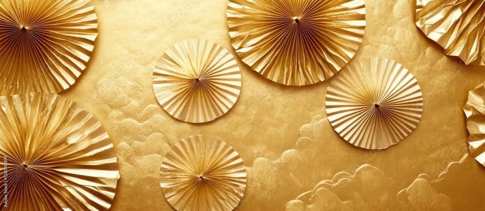 Aufkleber Elegant golden Japanese paper background featuring intricate circular fan-like shapes in varying sizes, centered on a textured golden canvas.