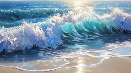 Fototapeta premium A turquoise ocean wave crashing gently onto a white sand beach, with sunlight reflecting off the water.