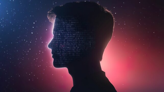 Hacker silhouette with glowing ransomware code projection digital space graphic cybersecurity profile view technology concept