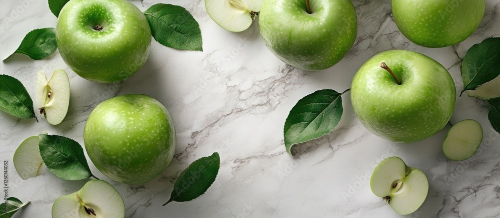 Poster fresh granny smith apples arranged on a marble surface with green leaves and apple slices, captured 