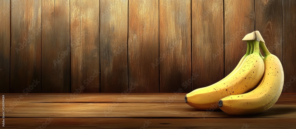 Poster fresh ripe bananas placed diagonally on a rustic wooden table with a warm brown color palette and a 