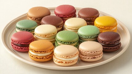 Obraz premium A variety of colorful macarons neatly arranged on a plate, soft pastel background with negative space.
