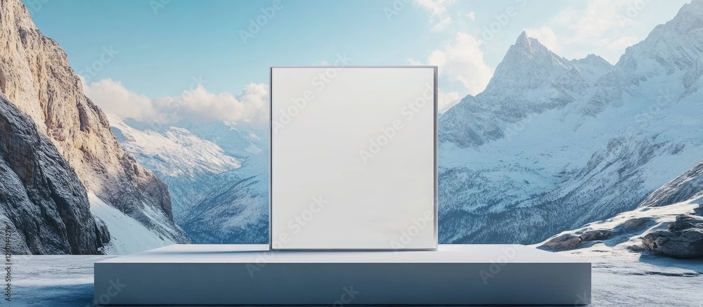 Poster mockup scene featuring a central white square frame on a pedestal against a backdrop of snow-covered