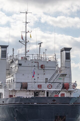 Russian flagged ship. The back and stern of a dry cargo ship passing through the Bosphorus....