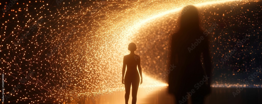 Poster two figures stand against a cosmic backdrop filled with glowing particles, creating a mesmerizing an
