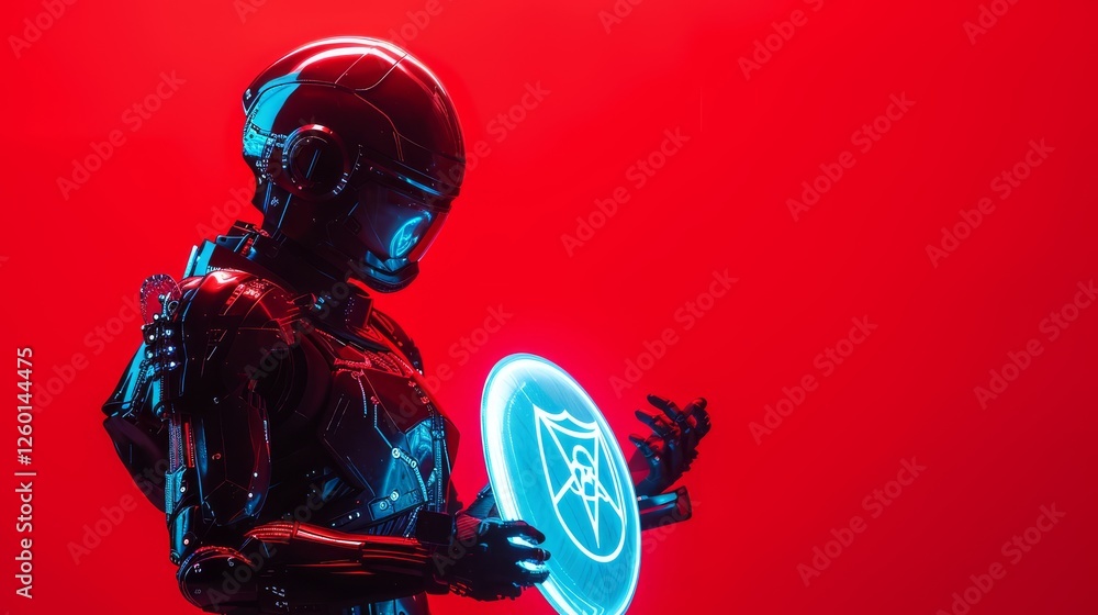 Aufkleber a sleek robotic figure illuminated by red light, holding a glowing circular shield with intricate de