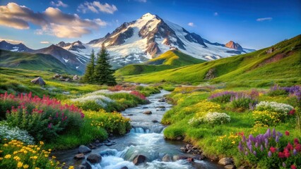 Fototapeta premium Serene landscape of snow-capped peak with a gentle meandering stream running through it amidst vibrant wildflowers, peaceful scene, serene landscape