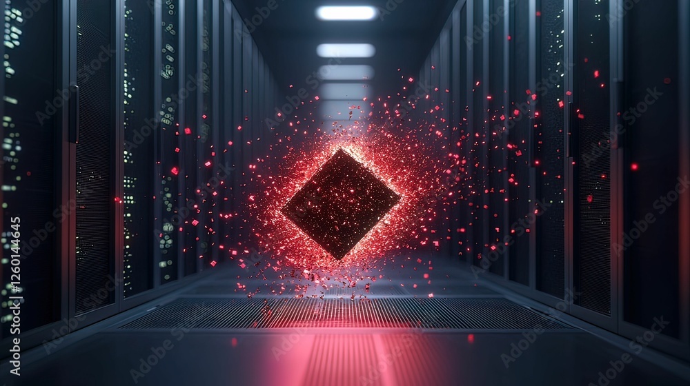 Aufkleber a glowing diamond shape surrounded by particles, set in a futuristic server room, representing techn