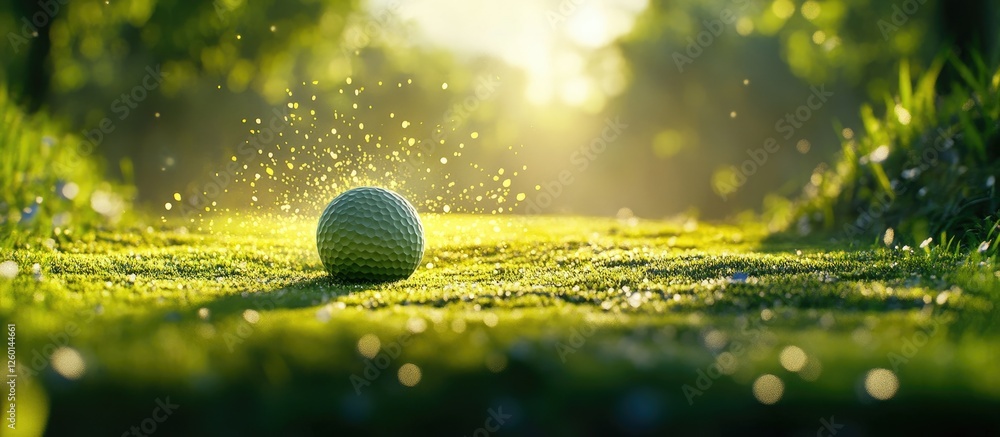 Poster golf ball resting on lush green grass illuminated by soft sunlight with sparkling dew drops for a se