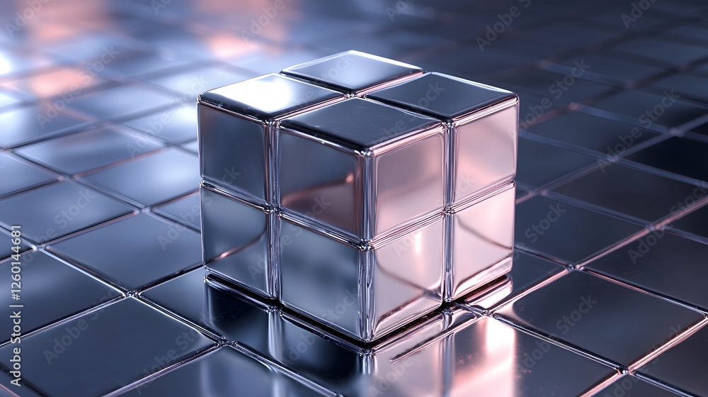 Poster a shiny cube sitting on a shiny surface with a reflection