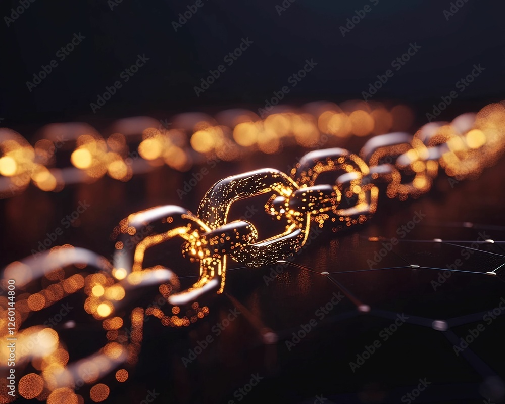 Poster a close-up view of a glowing chain link, showcasing intricate details and a shimmering effect agains