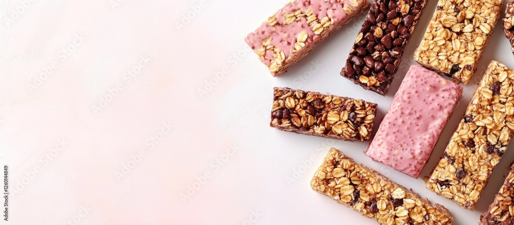 Poster assorted homemade granola bars in brown and pink on a white pink gradient background with ample copy
