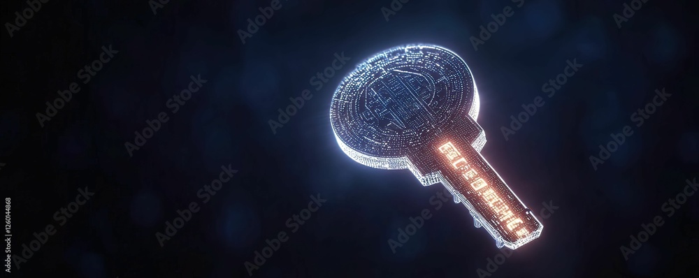 Poster a glowing, digital key appears to float in a dark, abstract space, symbolizing security and technolo