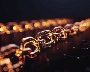 A close-up view of a glowing chain link, showcasing intricate details and a shimmering effect against a dark background.