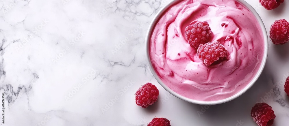Aufkleber delicious creamy pink raspberry ice cream in a white bowl with fresh raspberries arranged on a light