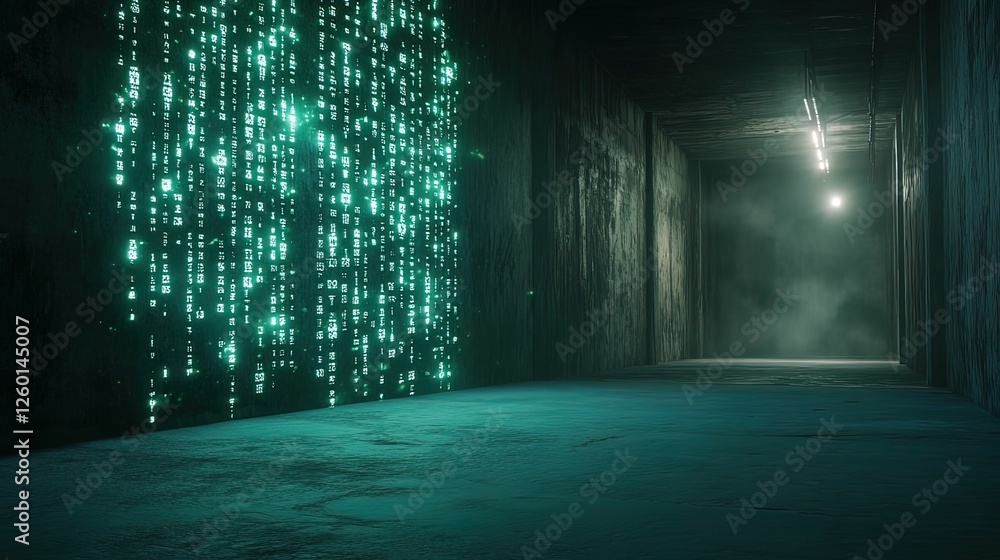 Poster a dimly lit corridor with cascading green lights, creating a mystical atmosphere and a sense of dept
