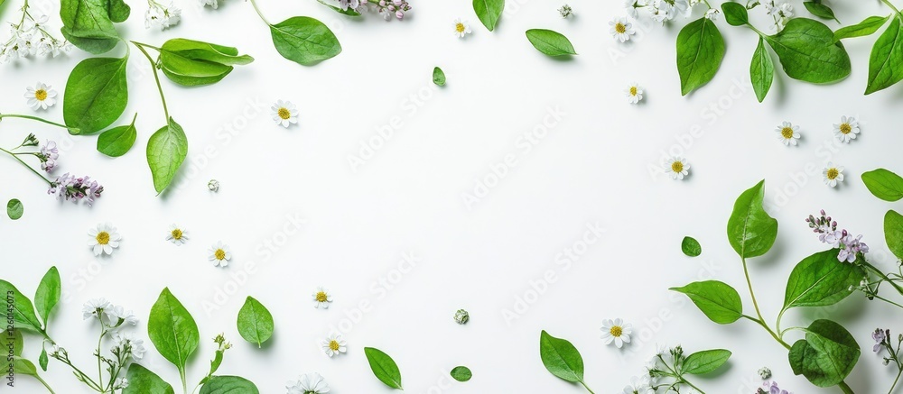 Poster Chamomile and lilac petals surrounded by green leaves on a white background with empty center space for text in a flat lay arrangement