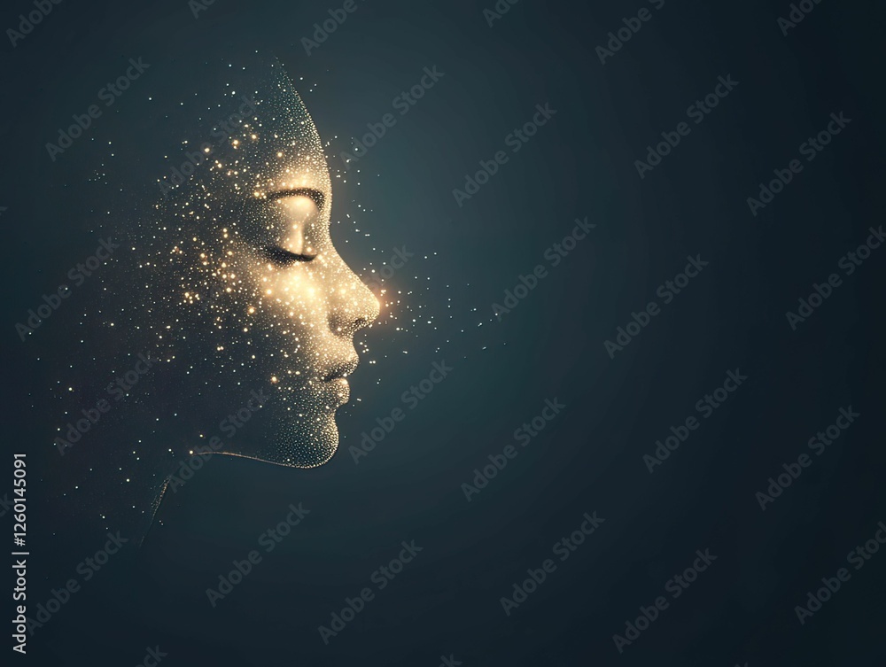 Poster a profile of a woman's face, illuminated with shimmering particles, creating a magical and ethereal 