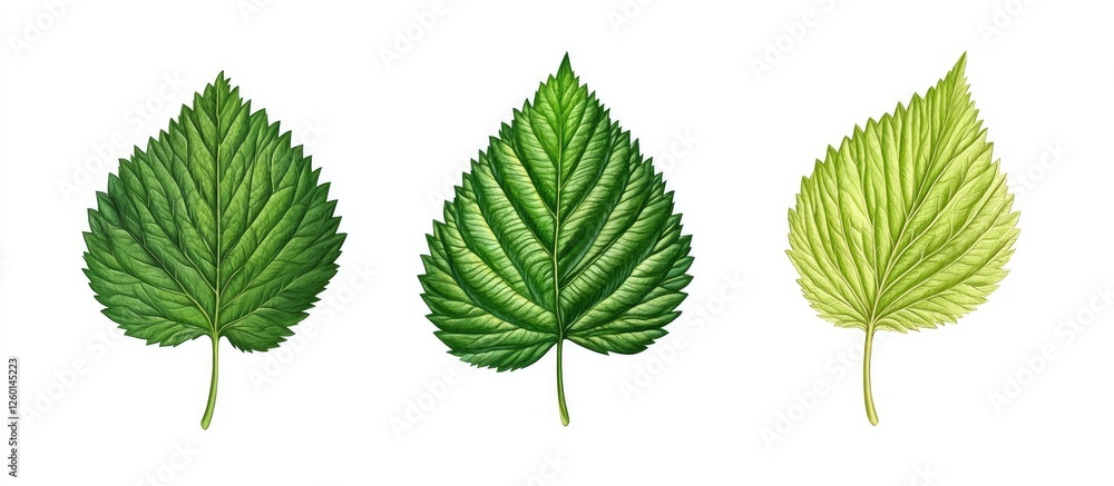 Poster three distinct green leaves showcasing varying shades and textures positioned evenly on a clean whit