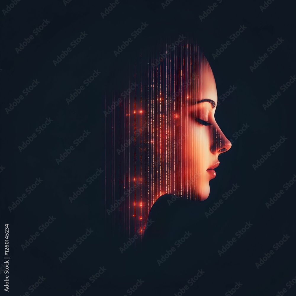 Poster a digital profile of a woman, featuring glowing lines and particles, creating a futuristic and ether
