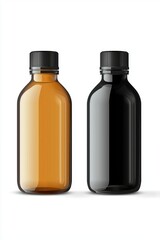 Featuring a striking arrangement of sleek black and amber bottles alongside a clear white container, this mockup invites innovative design concepts for packaging and branding strategies