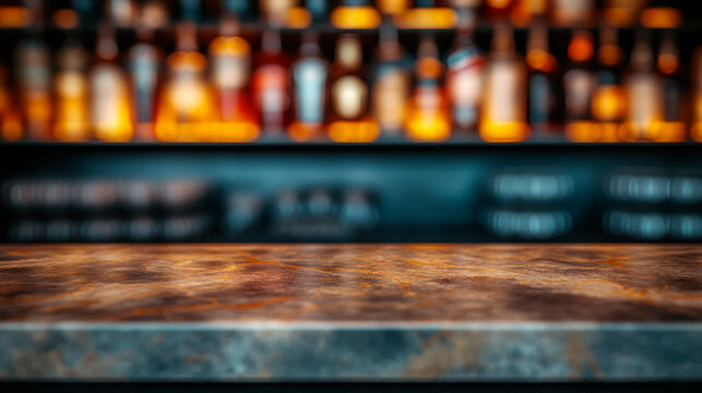 Empty countertop, defocused bar with alcohol bottles in the background