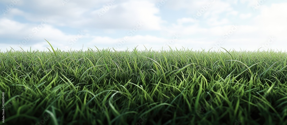 Aufkleber Lush green grass field under a bright blue sky with fluffy white clouds in the background creating a serene and refreshing natural landscape.