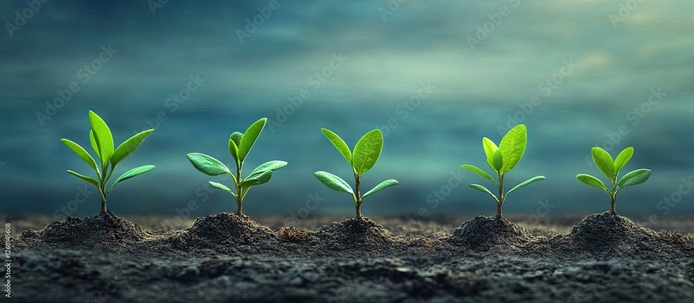 Poster new stock image title: five vibrant green seedlings emerging from dark soil, arranged in a line agai