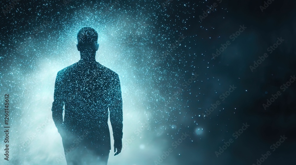 Aufkleber a silhouette of a person walks through a mystical fog filled with shimmering particles, creating an 