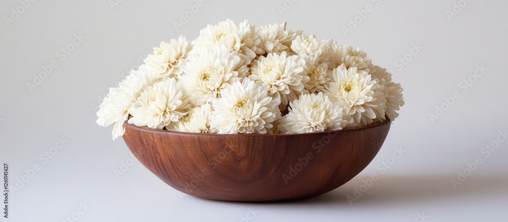 Poster dried white chrysanthemums in a wooden bowl on a minimalistic white background with ample negative s