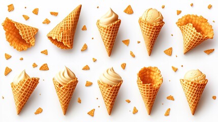 isolated ice cream wafer cones with broken wafer cones at various angles and crispy textures on a white backgroun