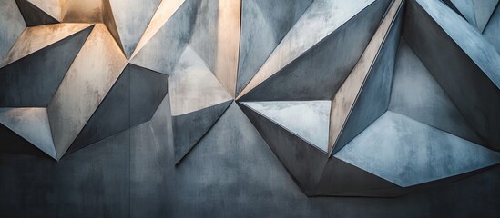 Modern interior wall featuring metallic geometric elements in cool gray tones with sharp angles and soft lighting highlighting the architectural design