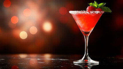 Red cocktail in martini glass on deep red background
