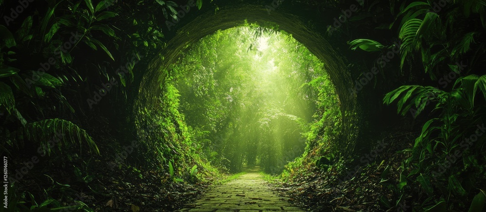 Poster lush green jungle tunnel with vibrant foliage framing a bright light at the end, creating a serene p