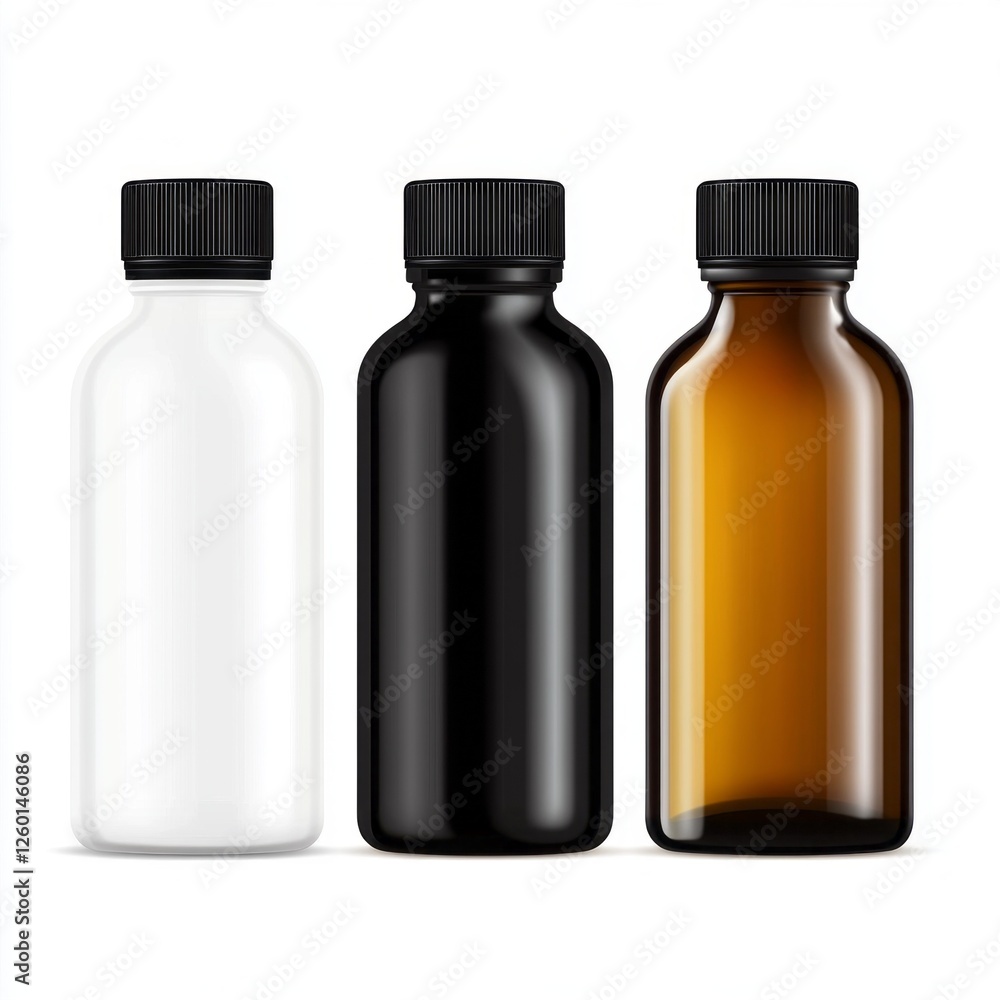 Poster three distinct bottles in black, white, and amber colors are elegantly arranged on a smooth, minimal