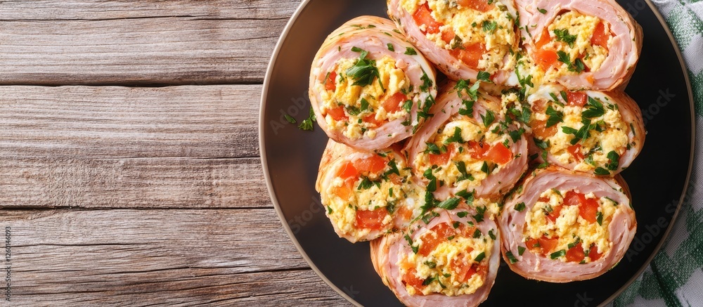 Poster festive ham roll stuffed with scrambled eggs and tomatoes arranged on a black plate top view with wo