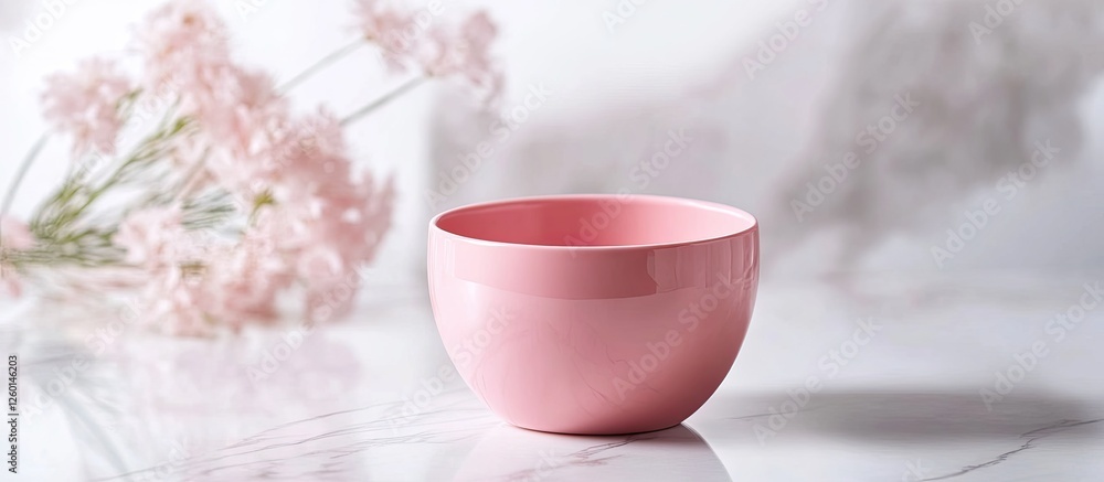 Poster pink bowl on a white marble surface with soft light and blurred flowers in the background, creating 