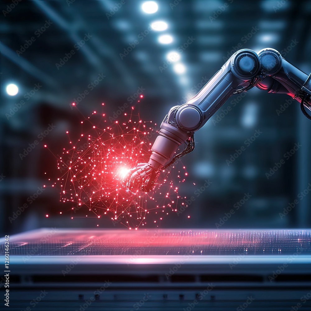 Poster a robotic arm emits red sparks, highlighting advanced technology in a futuristic setting, showcasing