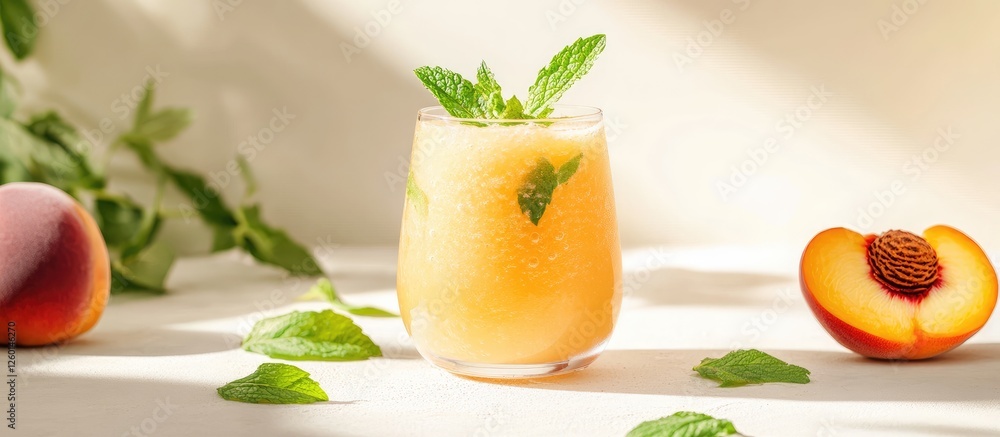 Poster peach smoothie in a stemless glass garnished with mint on a light background with fresh peach slices