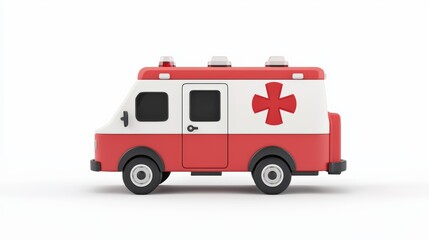 A toy ambulance with a red and white design featuring a red cross symbol, showcasing a playful yet practical representation of emergency services.