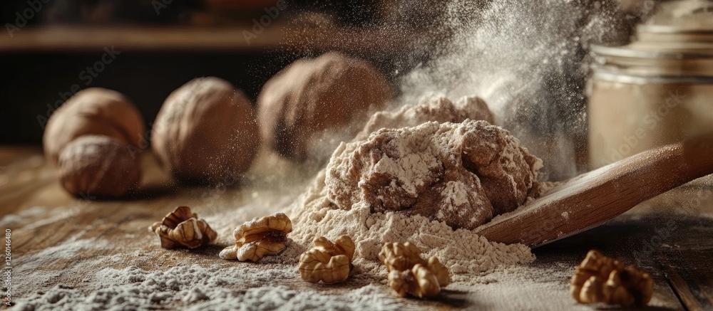 Poster kneading dough on a rustic wooden table with black walnut flour surrounded by scattered flour and wh