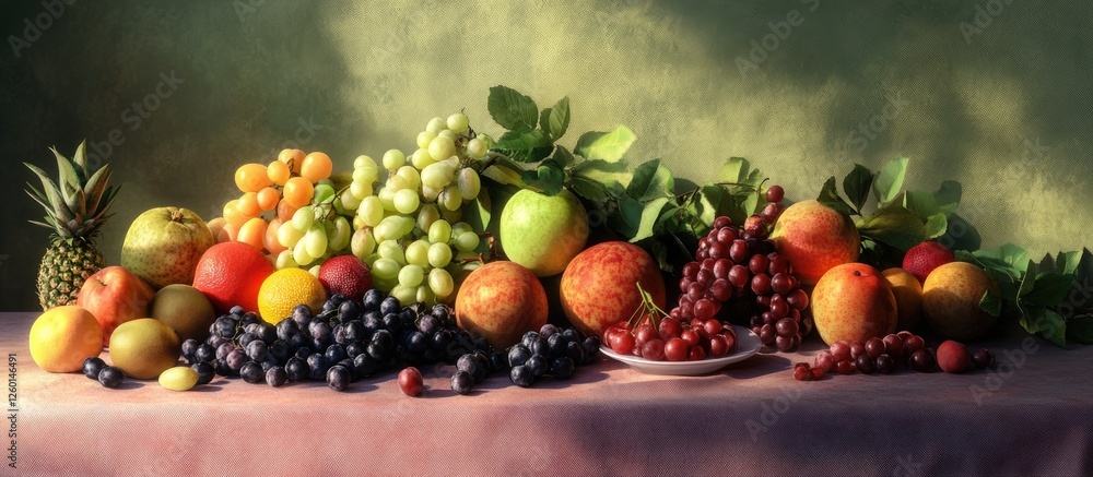 Poster vibrant display of assorted ripe fruits including apples, grapes, and oranges on a table with green 